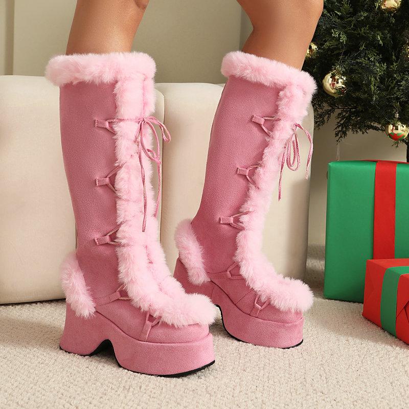 Women's Lavender Platform Knee-High Boots | Fuzzy Accent, Sweet & Edgy Essential Fashion Footwear