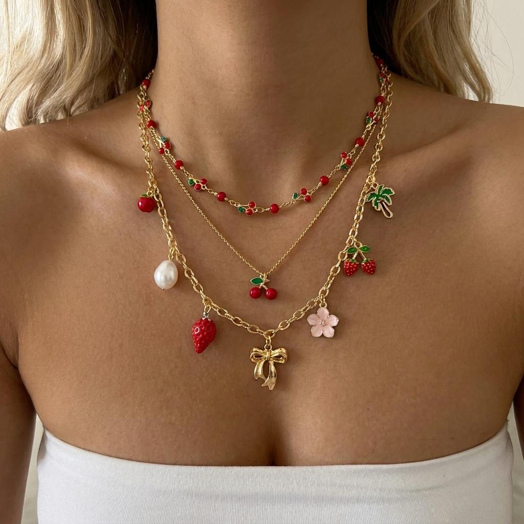 Romantic Red Cherry Heart Charm Necklace for Women Gold Color Sweet Strawberry Fruit Chunky Chain Choker Party Vacation Jewelry