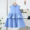 Summer Girls Blue Sleeveless Spliced Princess Dress Sweet Cute Solid Casual Dress For Kids