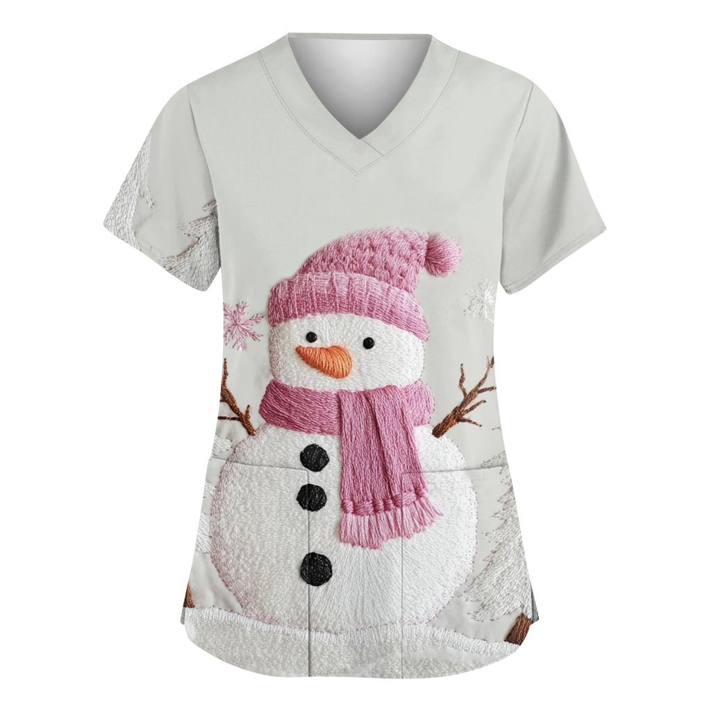 Damen Modische V-Ausschnitt Arbeitskleidung Weihnachten Bedruckt Kurzärmlig Tasche Seitenschlitz Arbeitskleidung Basic Pullover Top