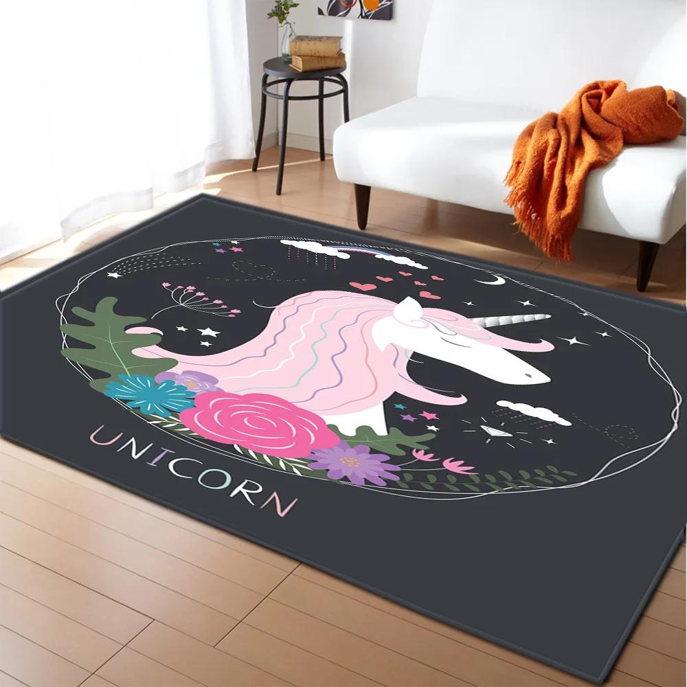 Kids Cartoon Unicorn Carpet Fantasy Animal Crawling Mat Doormat Living Room Area Rug Rainbow Shiny Girls Bedroom Soft Floor Mats