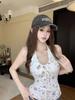 White Shell Print V-Neck Halter Top for Women - 2026 Summer Slim Fit Backless Camisole