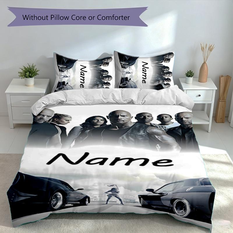 3pcs Custom Name Fast and Furious Set,Includes 1 Duvet Cover and 2 Pillowcases,All-season Bedroom Decor