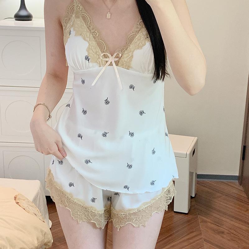 New ice silk pajamas set Internet celebrity print lace casual thin summer suspender shorts spring and autumn