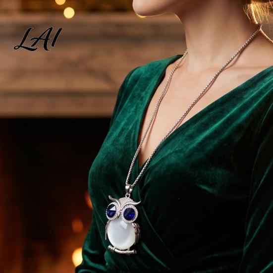 Gift for Mom And Friends Faux Crystal Owl Pendant Necklace Women Long Blue Sweater Chain Fashion Alloy Jewelry Accessory Daily Wear & Decoration