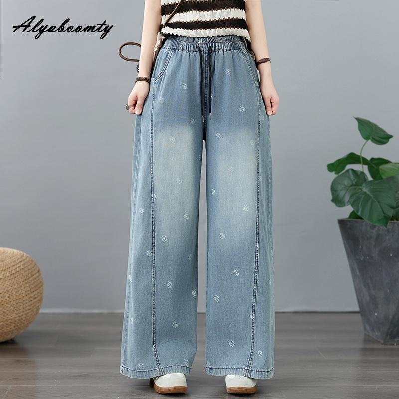 Plus Size Spring Autumn Women Wide Leg Jeans High Waist Drawstring Floral Print Casual Loose Straight Denim Pants Vintage Light Blue Basic Jeans