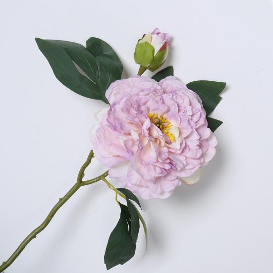 Artificial Peony with Green Leaves 2 Head Realistic Fake Silk Flower