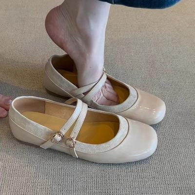 Sheepskin Version~ Leather Flat-bottomed French Temperament Round Head One-word Buckle Mary Jane Shoes Women's Retro Shallow Mouth Ballet Shoes