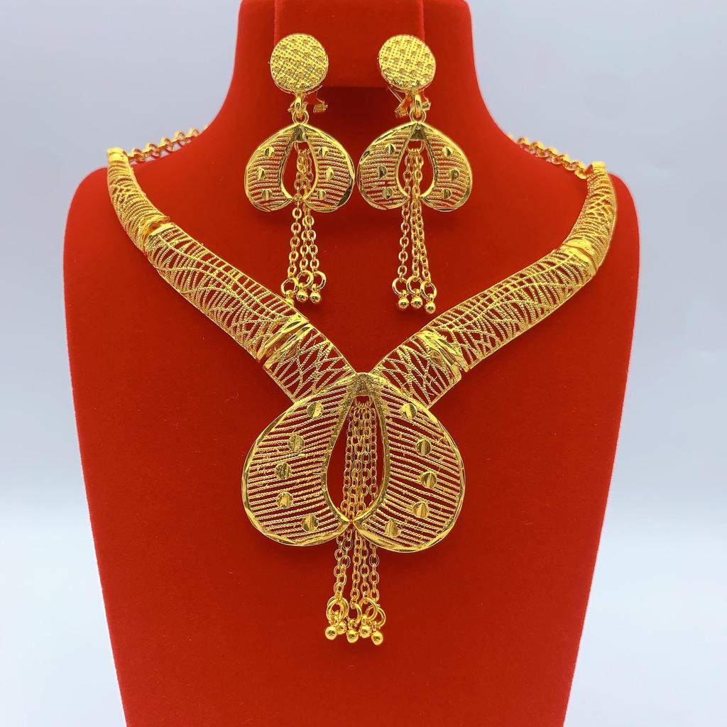Gold-Plated Brass Flower Necklace & Earrings Set for Women's Wedding Jewelry