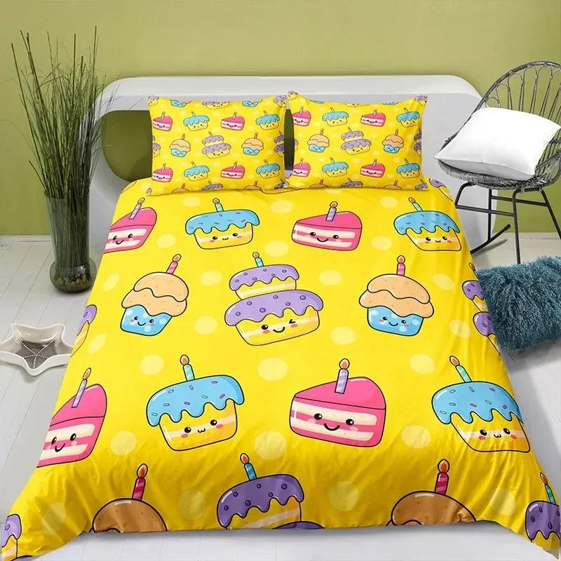 Lovely Cartoon Food King Queen Duvet Cover Pearl Milk Tea Bedding Set Kids Teens Adults Dessert Fries Cola Polyester Quilt Cover