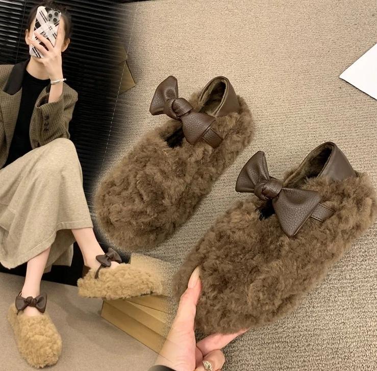 Fashion Luxury Sheep Fur Lined Loafers Women Lambswool Shoes Ladies Winter Slip On Furry Flats Cotton Wool Mocasine Femme Barefoot Boots