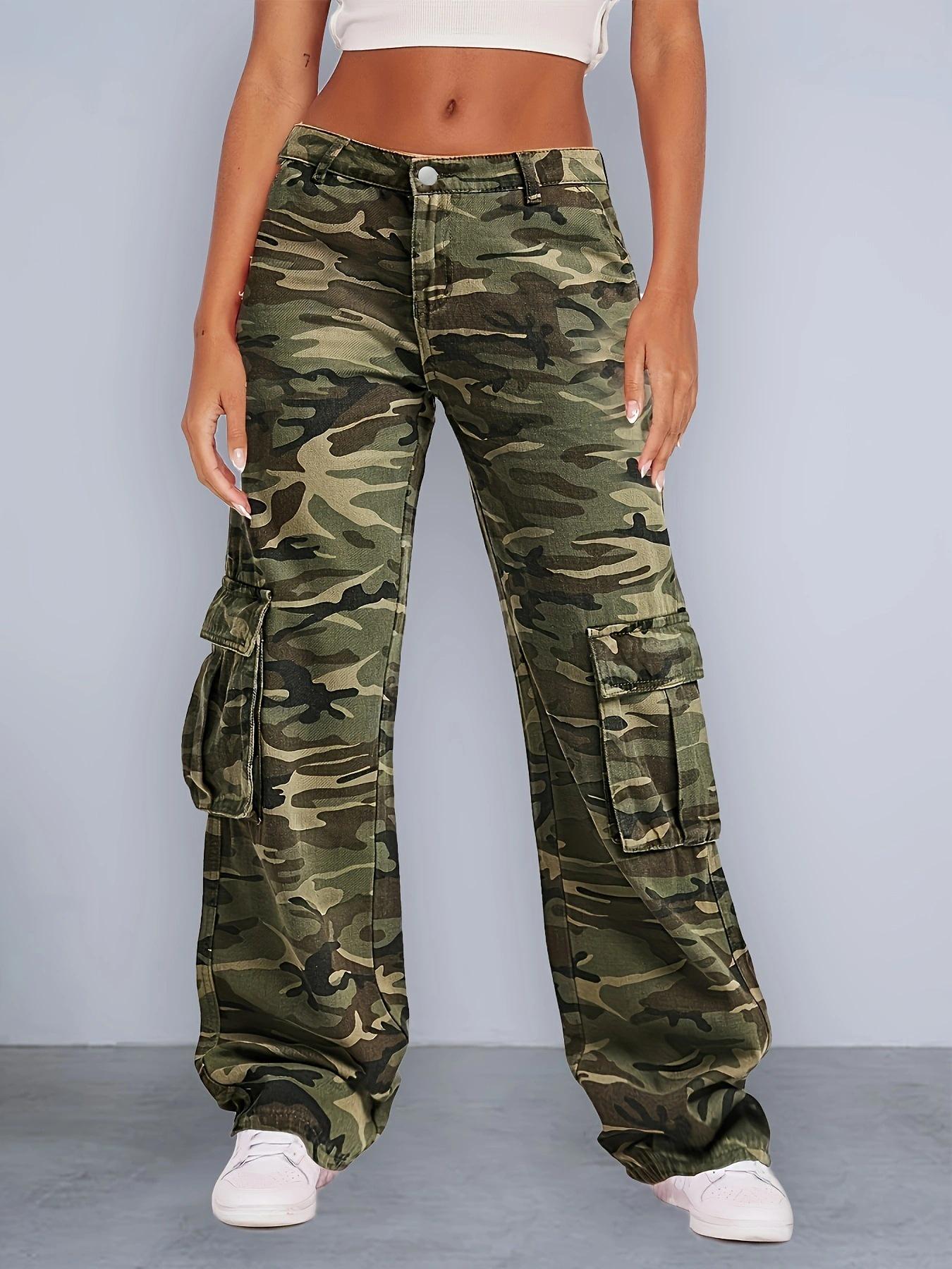 

Women s High Waist Camouflage Cargo Jeans - Multi-pocket, Loose Fit Fashion Pants Double Extra Large армія зелений колір