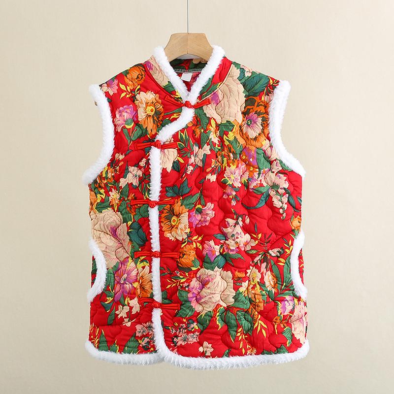 Damska pikowana kamizelka bawełniana z kwiatowym wzorem i guzikami w kształcie żabki - Ciepła bezrękawnikowa odzież wierzchnia na jesień/zimę