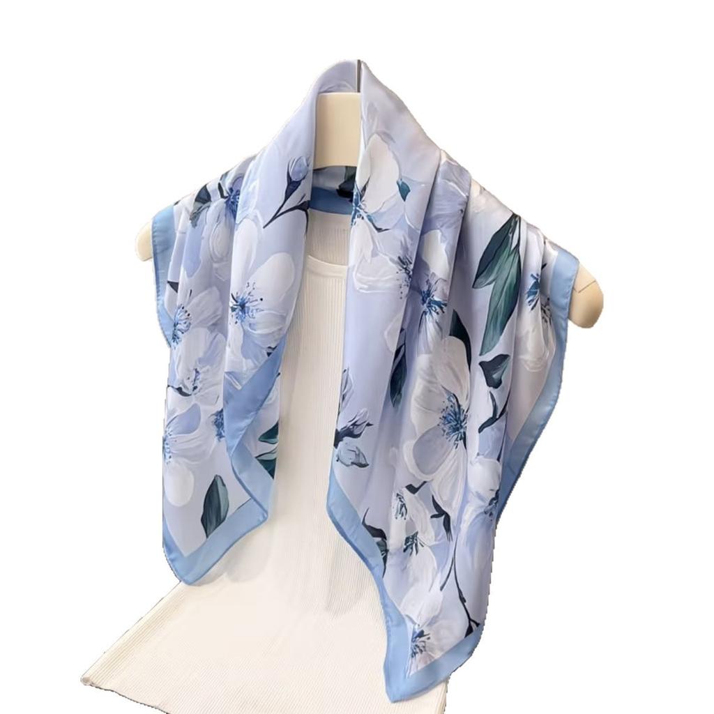 Summer Satin Magnolia Silk Scarf Printed Large Square Scarf Women's Fashion Versatile Decorative Neck Protection Scarf Shawl