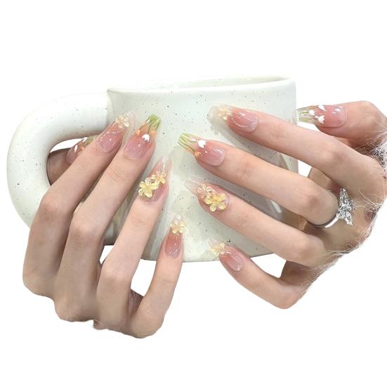 10Pcs 3D Flower Fake Nails Long Nail Extension Kit Wear Armor Reusable Easy to Remove Time-Saving Press on Nails for Home Salon