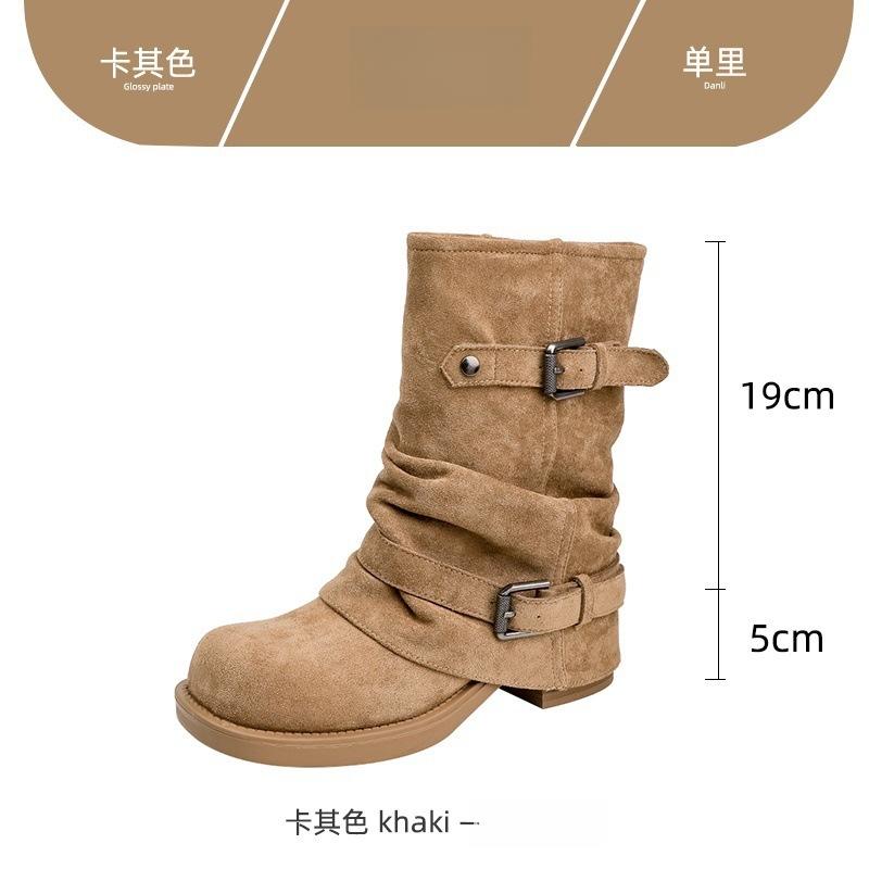 Weiche Lederversion! Dicke Ferse plissierte Flor Stiefeletten Damen Herbst und Winter Maillard Vintage Western Hosen Martin Stiefel