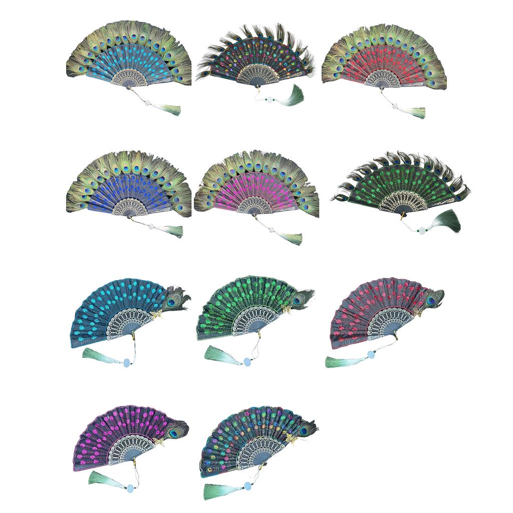 Abanico de Mano de Plumas de Pavo Real Vintage para Disfraz y Fiesta de Té con Diseño de Bordado Color Opcional