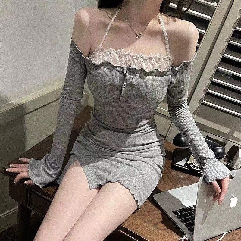 Sexy pure lace small suspender one-word shoulder dress women's spring Korean thin two-piece hip skirt tide