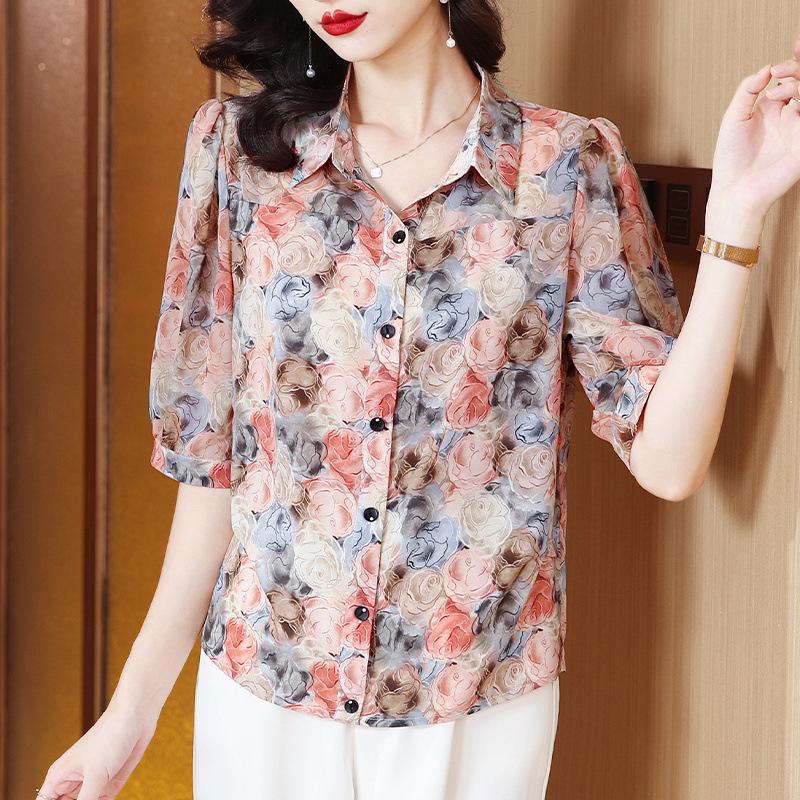 Stylish Floral Print Mid-Sleeve Chiffon Blouse for Women – Summer New Arrival, Age-Reducing, Loose Fit