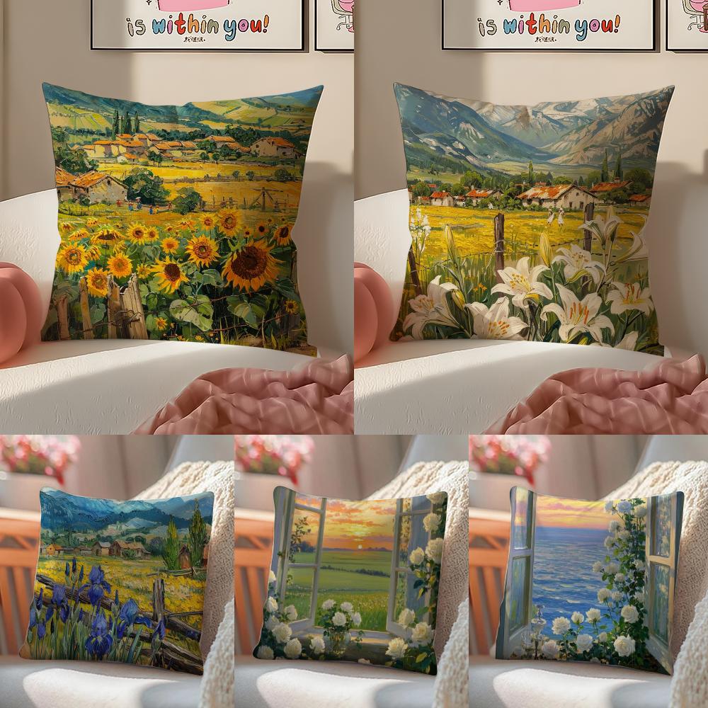 Landscape Style Painting Art Cushion Cover Pillowcase Short Plush Invisible zipper Room Sofa Cushion Cover