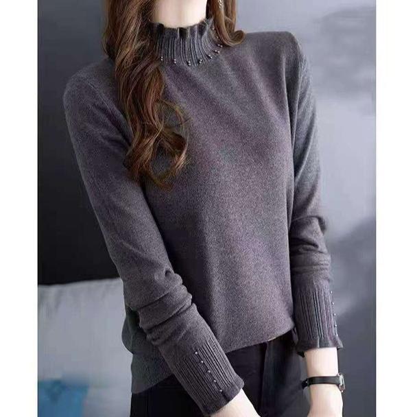 Autumn and Winter Women's Knitwear Solid Color Lantern Sleeve Knitwear Women Pearl Half High Neck Slim Bottoming Shirt Long-sleeved Blouse