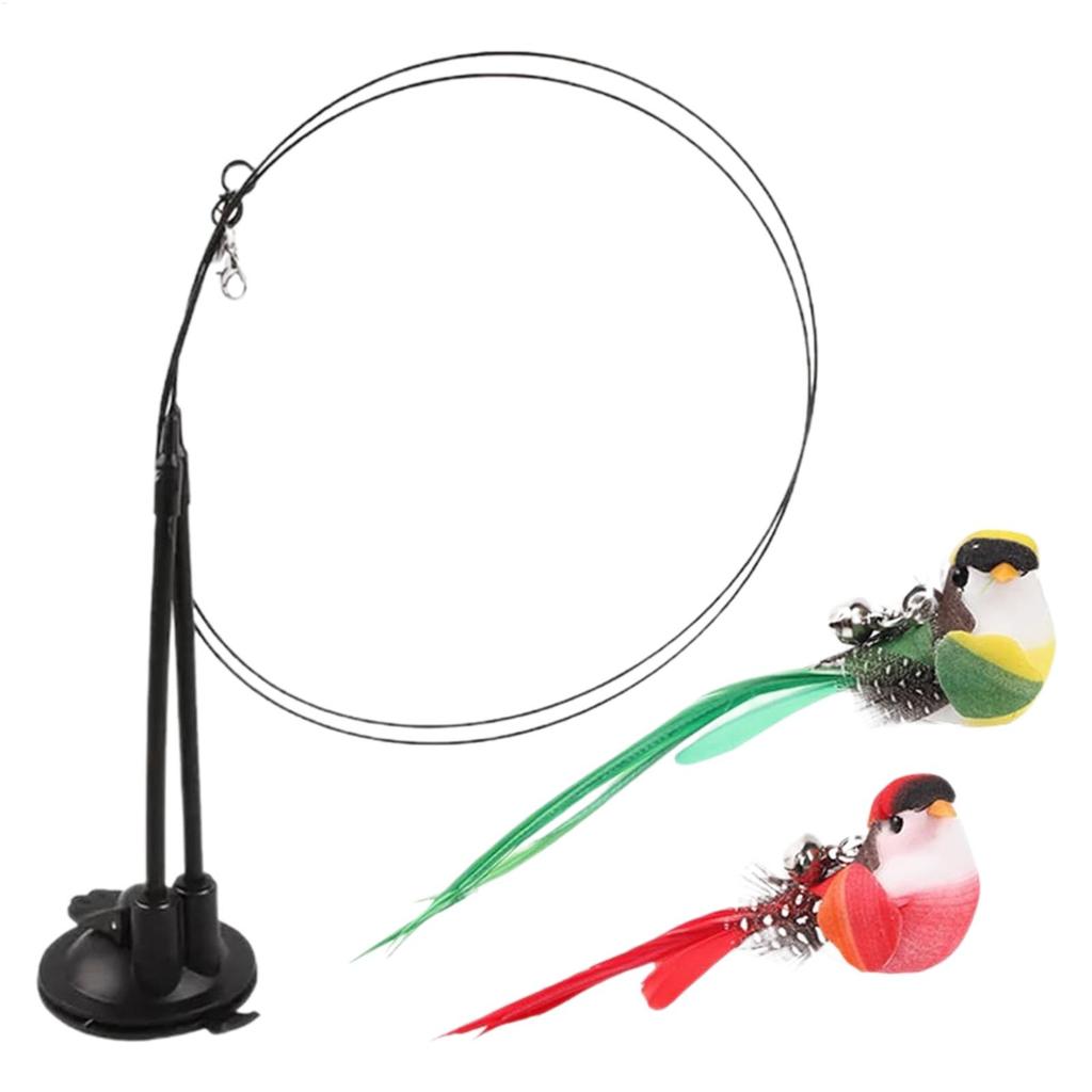 Simulated Bird Cat Teaser Stick with Bell Suction Cup Double Pole Teaser Cat Wand Long Pole 2 Birds Teasing the Cat Toys
