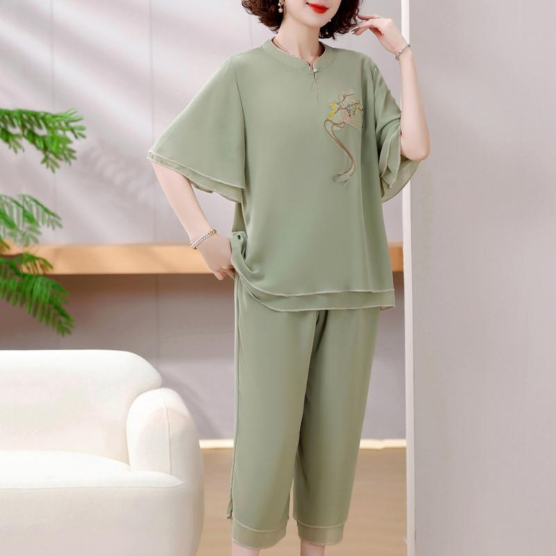 4XL-8XL Plus Size Chiffon Two Piece Sets Women Summer Elegant Summer Clothes for Woman Pants Sets Casual Oversize Blouses