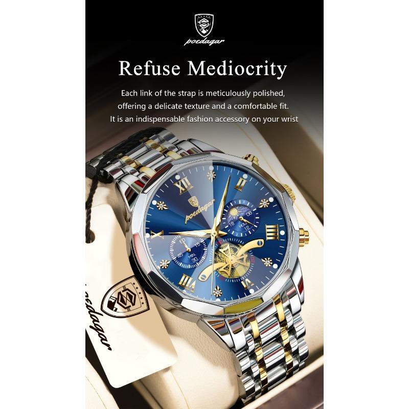 POEDAGAR Original Luxus Herrenuhr Wasserdicht Leuchtend Chronograph Armbanduhr Edelstahl Quarzuhren für Mann Reloj