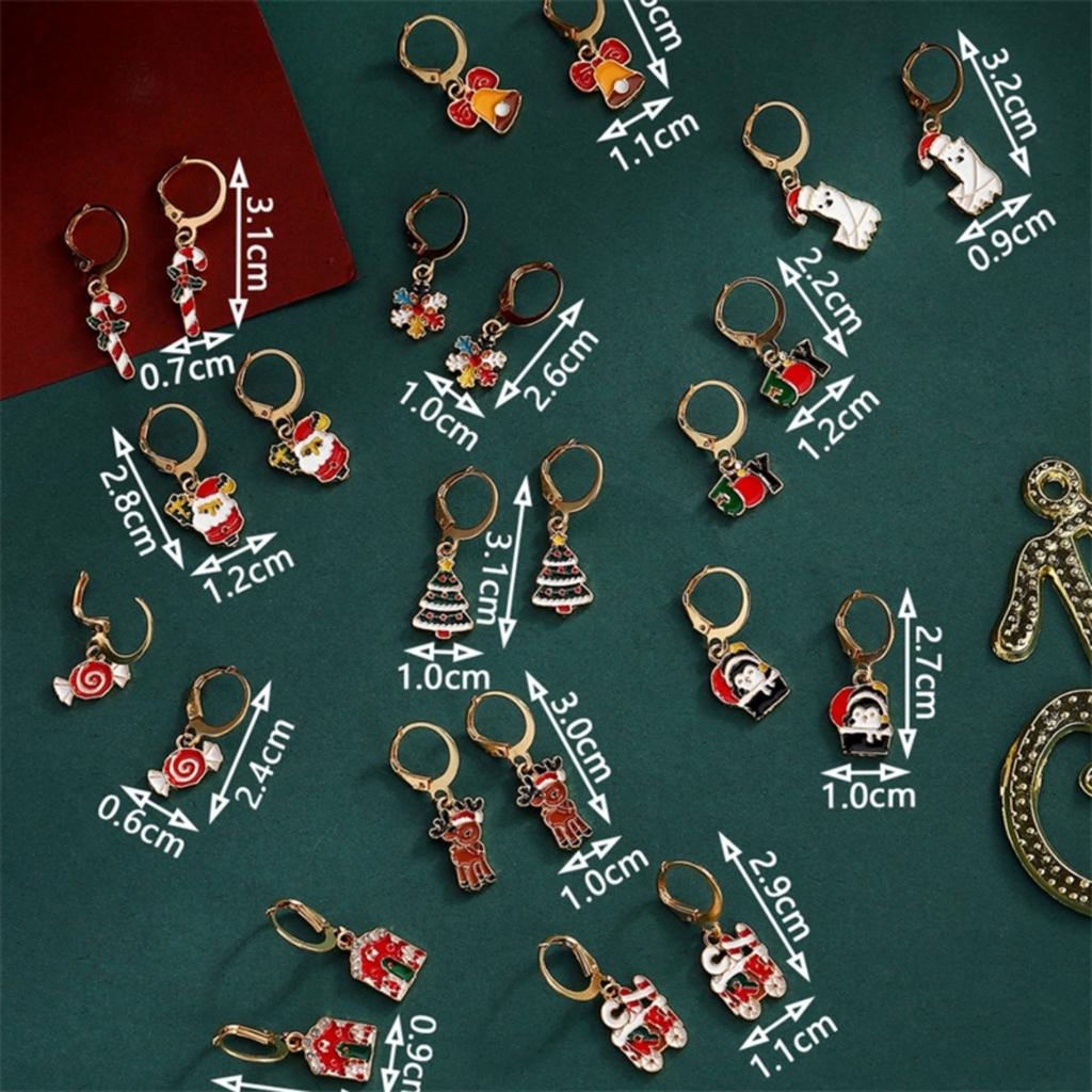 12Pairs/Set Christmas Drop Earrings Set Bell Snowflake Candy Penguin Tree Deer Cane Santa Claus Earring For Women Men Jewelry