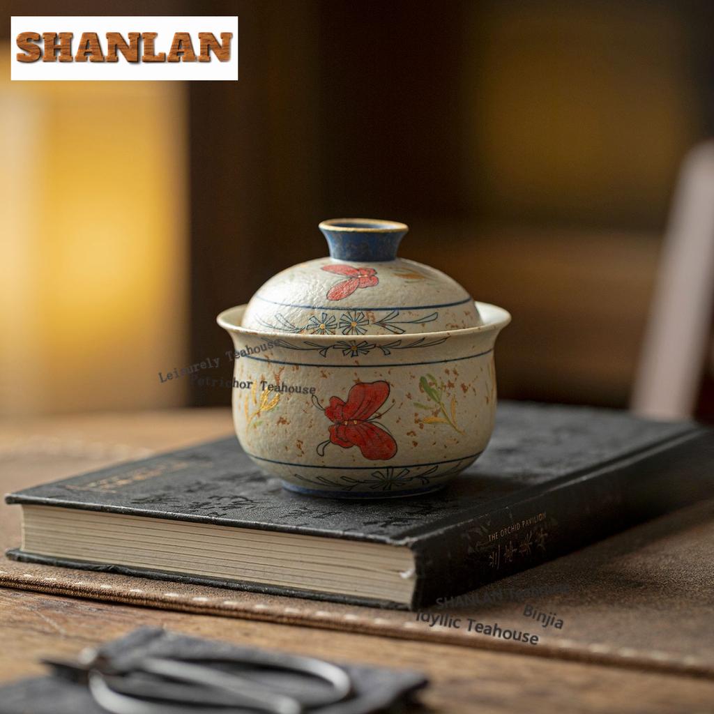 160ml Hand-painted Butterfly Orchid Gaiwan Vintage Tea Tureen Tea Bowl With Lid Kit Tea Maker Cover Bowl Kung Fu Tea Set Gift