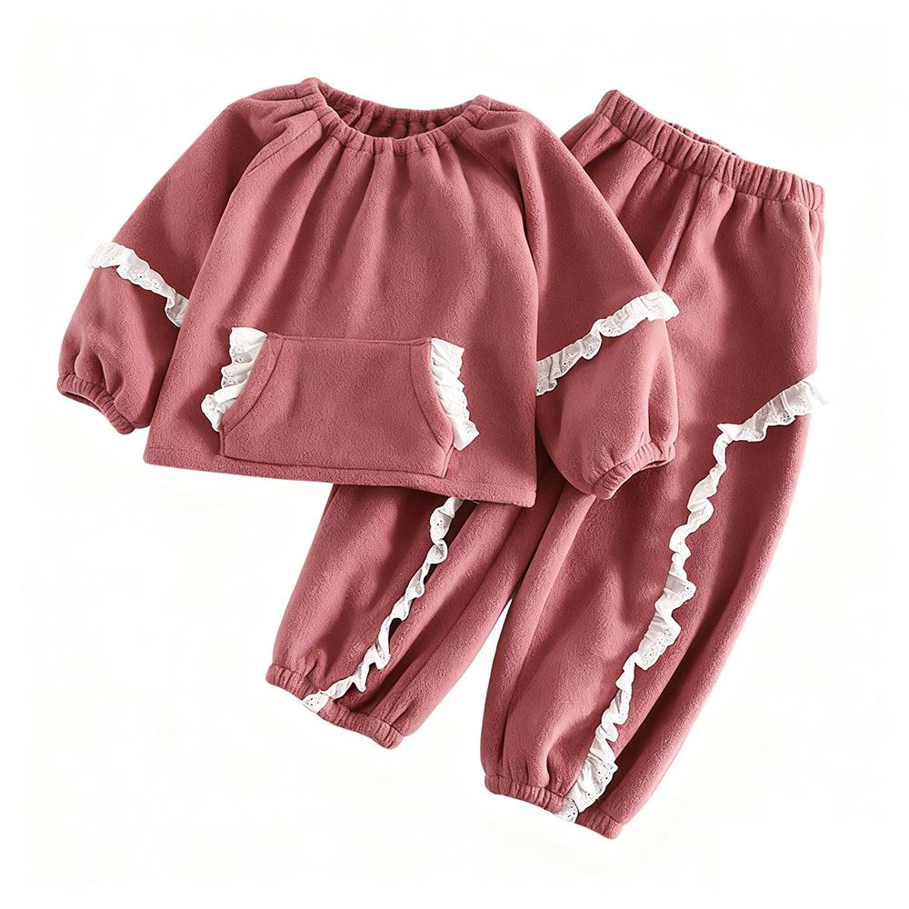 Winter Baby Girls' Cute Lace Lantern Sleeve Fleece Top & Long Pants Korean Style Two-Piece Set