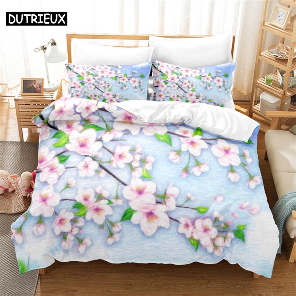 Comforter Blue Flower Butterfly Queen Bedding Kids Bedroom Bed Set King Size Bedding Set