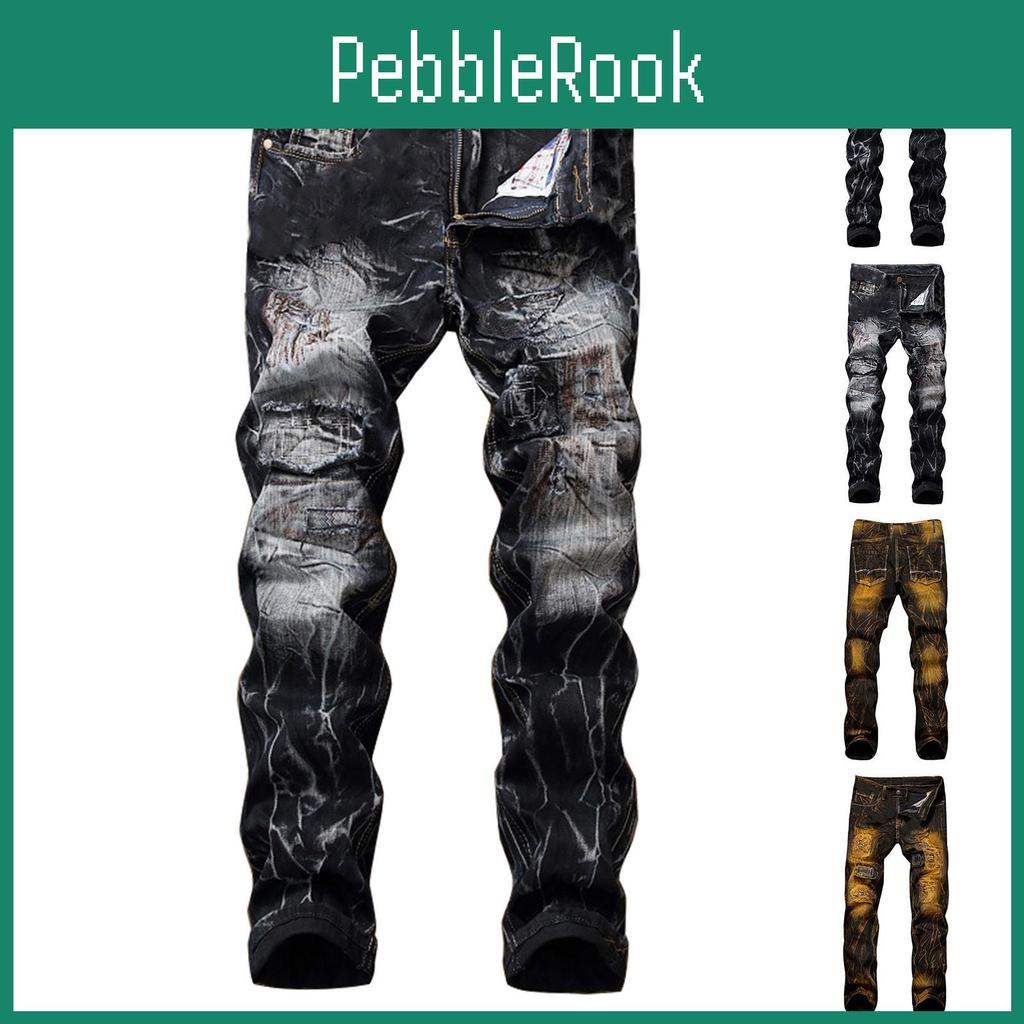 Stretchy Mens Fashion Casual Pleated Jeans Slim Fit Denim Pants