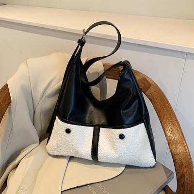 Retro Splicing Plush Large-Capacity Tote Bag Women'S Autumn And Winter Casual Shoulder Messenger Bag