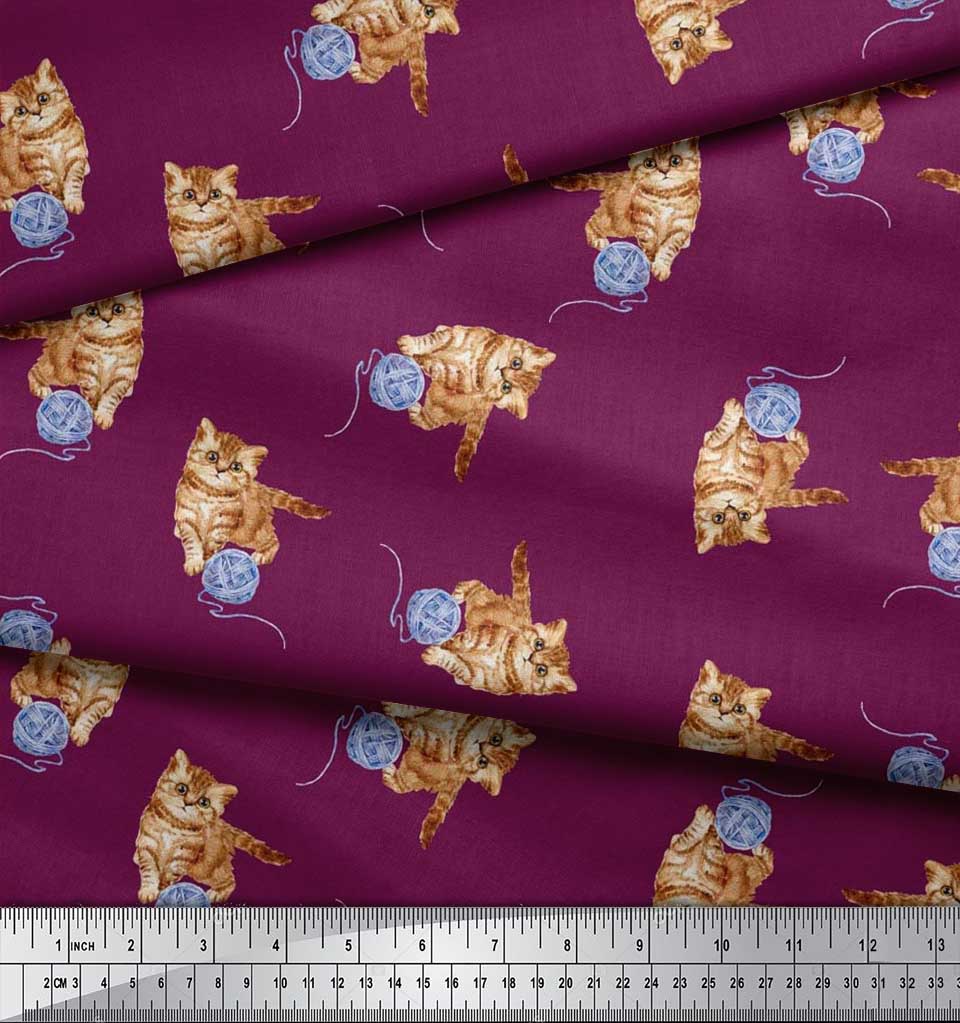 Soimoi Japan Crepe Satin Fabric Wool & Cat Animal Print Fabric by the Metre 42 Inch