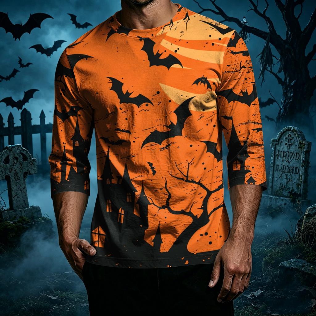 Men's Casual Halloween Graphic Crew Neck T-Shirt Three Quarter Sleeve Top Printed Design Comfortable Fit