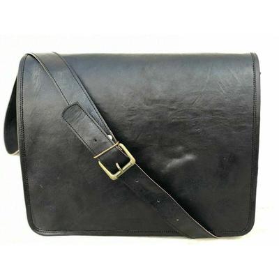 Vintage Black Dark Messenger Shoulder Laptop Bag Briefcase Men's Goat Leather