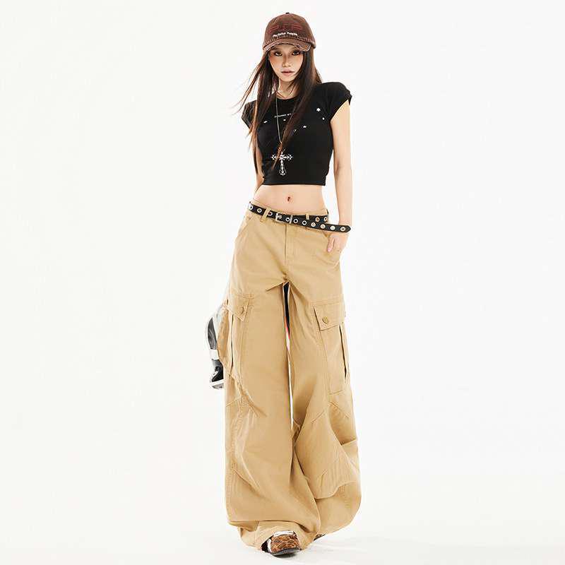 Women s Retro American-Style Khaki Wide-Leg Cargo Pants L