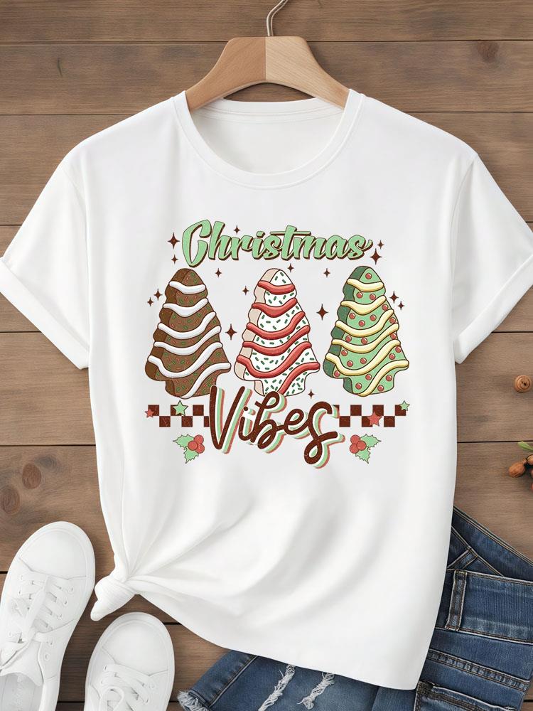 (Asian Size)sweet tree Tee Top festival  Merry Christmas New Year Holiday Women Print Lady Short Sleeve Fashion Graphic T-shirts