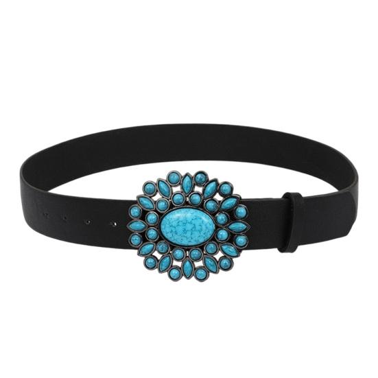 Western Belt Retro Turquoise Design Distressed Silver Buckle Faux Leather Wide Navajo Ethnic Style