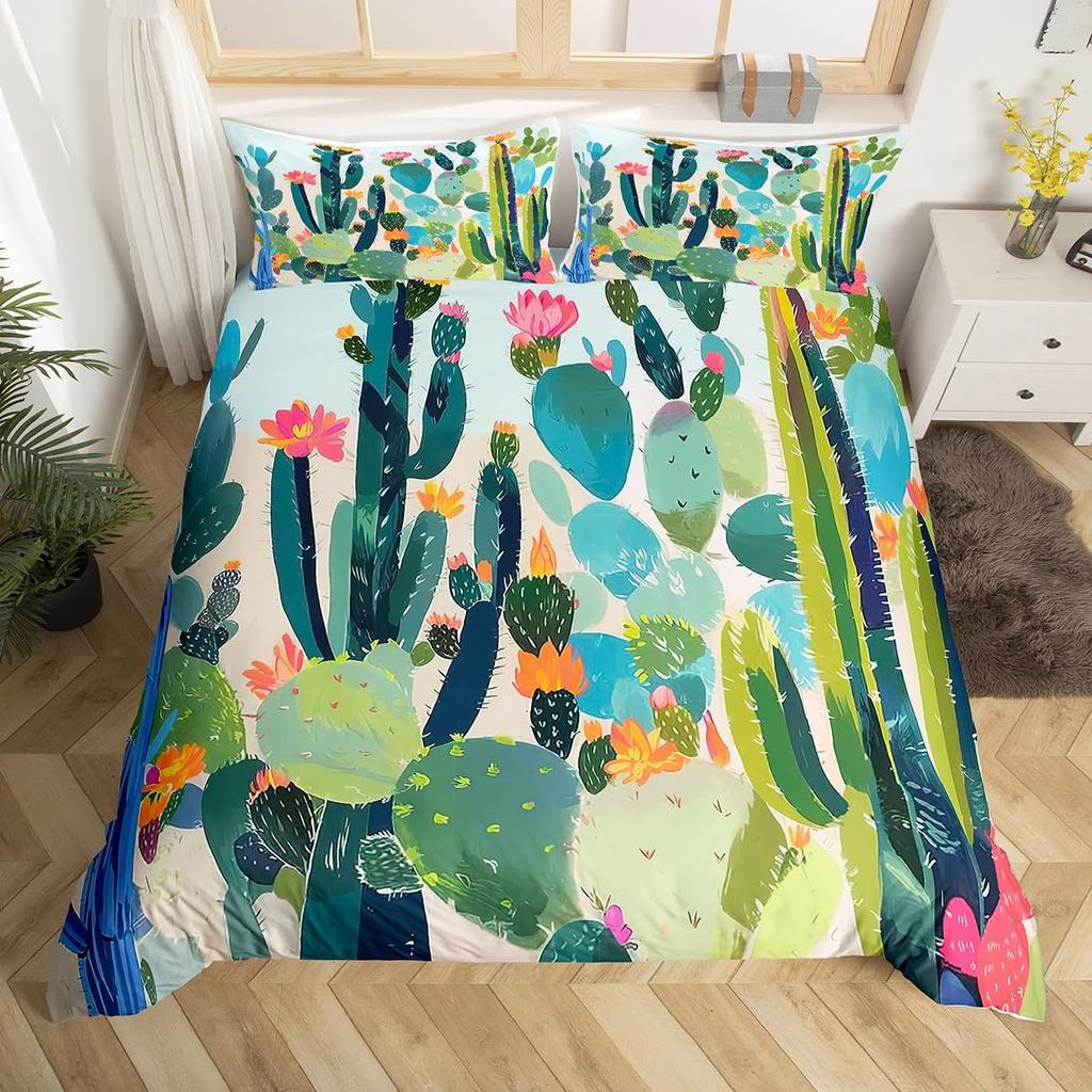 Comforter Chic Cactus Bedding Set Queen For Kids Teen Decor Cartoon Green Plants Succulents Nature Art Floral Comforter