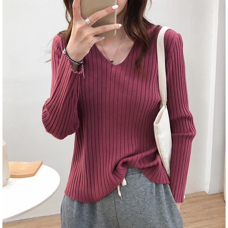Autumn/Winter Knitwear Sweaters Women’s V-neck Pit Strip Pullover Long Sleeves Bottom Top Casual Knitted Sweater
