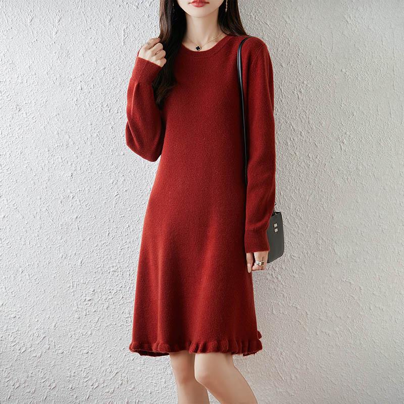Women's Pure Wool Ruffle Knit Dress - Mid-Length, Long Sleeve, Loose Fit