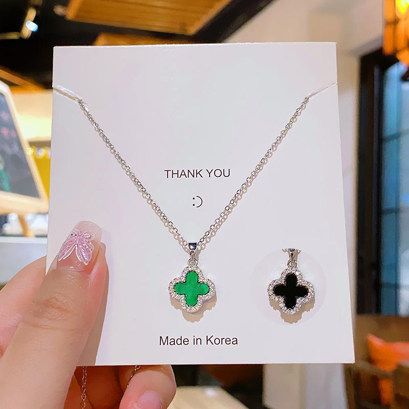 Fashion Commuter Double Sided Four Leaf Clover Zircon Pendant Clavicle Necklace For Women