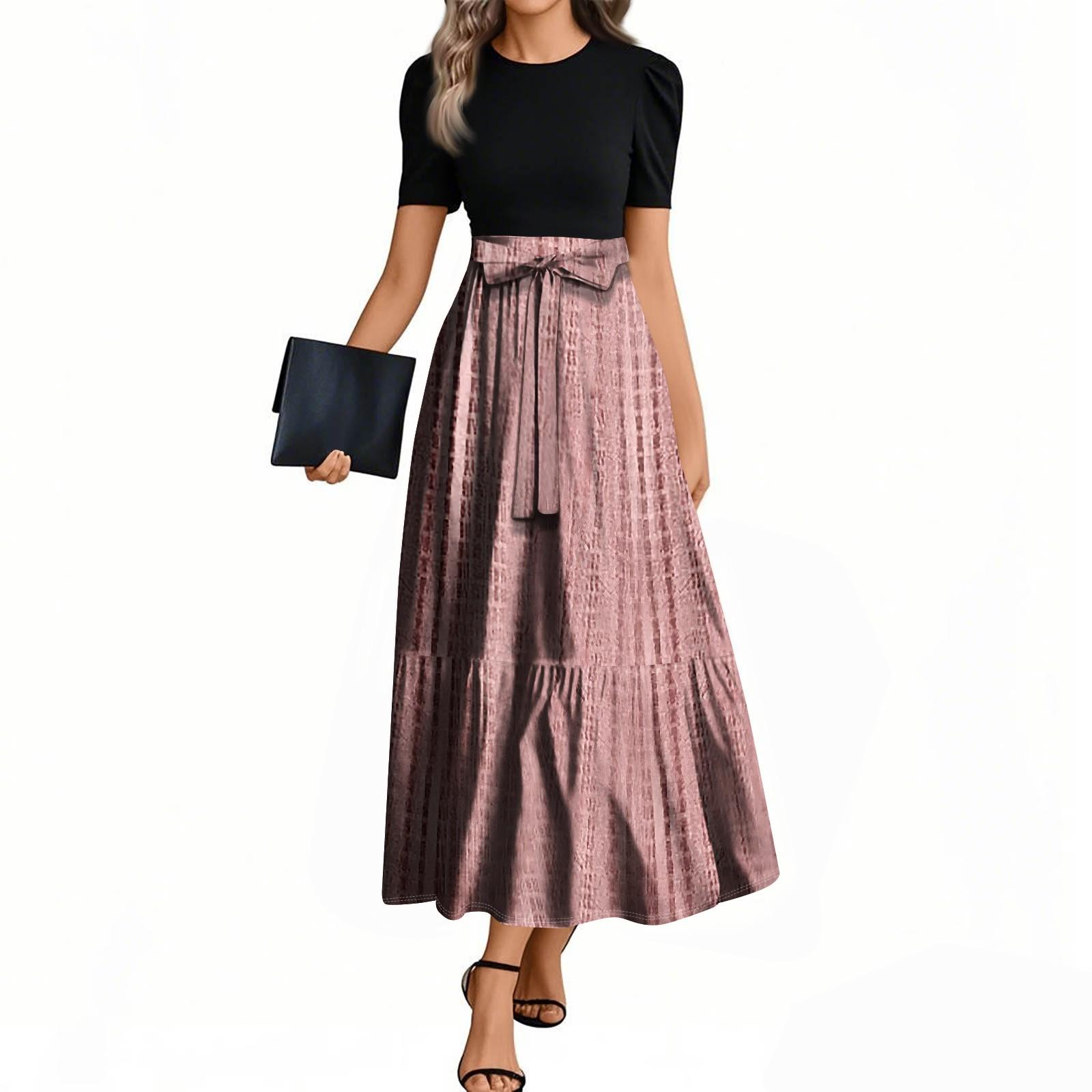 

Жіночі модні повсякденні сукні з поясом, короткими рукавами, круглим вирізом, геометричним зрощенням, елегантні темпераментні сукні XXL