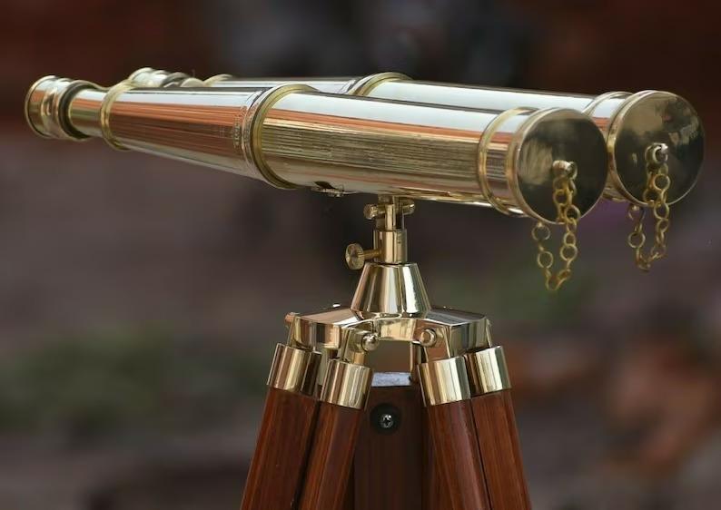 Nautical Brass Binocular with Wood Tripod: 18" Marine Telescope