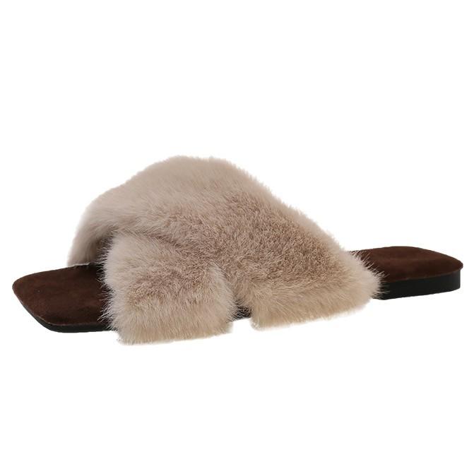 Internet celebrity flat bottom fluffy slippers women wear 2025 autumn and winter new high-end one-word drag pregnant women home cotton slippers