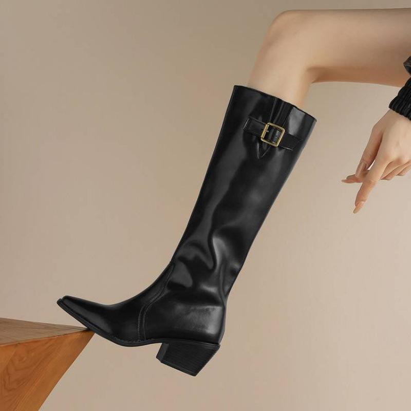 Autumn and winter women's leather boots leather large size women's boots medium heel round head versatile square heel rubber thick-soled sleeve hig