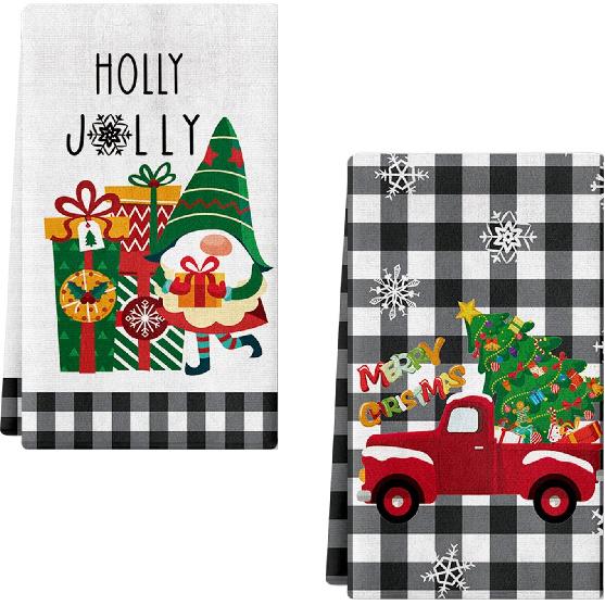 2 Pack Christmas Kitchen Towels and Dish Towels, 16 x 24 Inch Christmas Plaid Truck Tree Gnome Gift Box Absorbent Drying Cloth Tea for Cooking Baking
