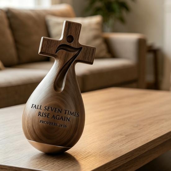 Wood Faithful Tabletop Ornament Christian Inspirational Figurine Fall Seven Times Rise Again Desktop Decoration Religious Gift for Home Church Office